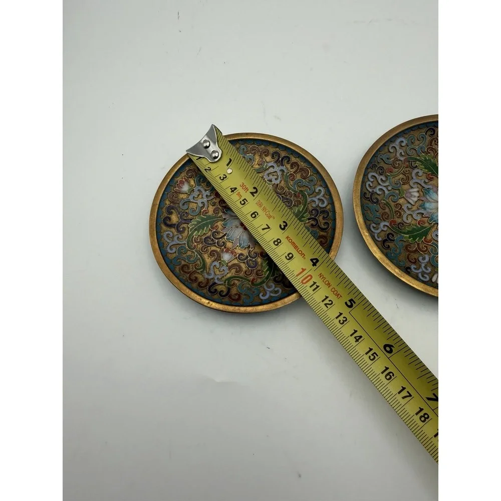 Pair Vintage Chinese Cloisonné Enamel Trinket Dishes Lotus Floral 4.25